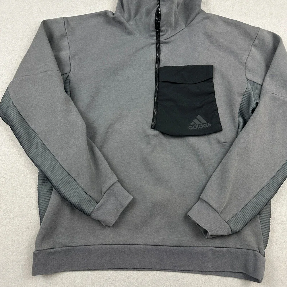 Adidas Hoodie Men Medium Gray 1/4 Zip Ribbed Panel Tech Fleece Utility Pocket M